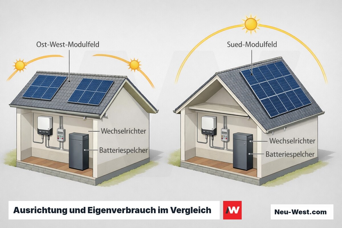 Cutaway-Vergleich: Haus mit Ost-West-Modulfeld gegenüber Südanlage, jeweils mit Wechselrichter und Batteriespeicher im Technikraum.