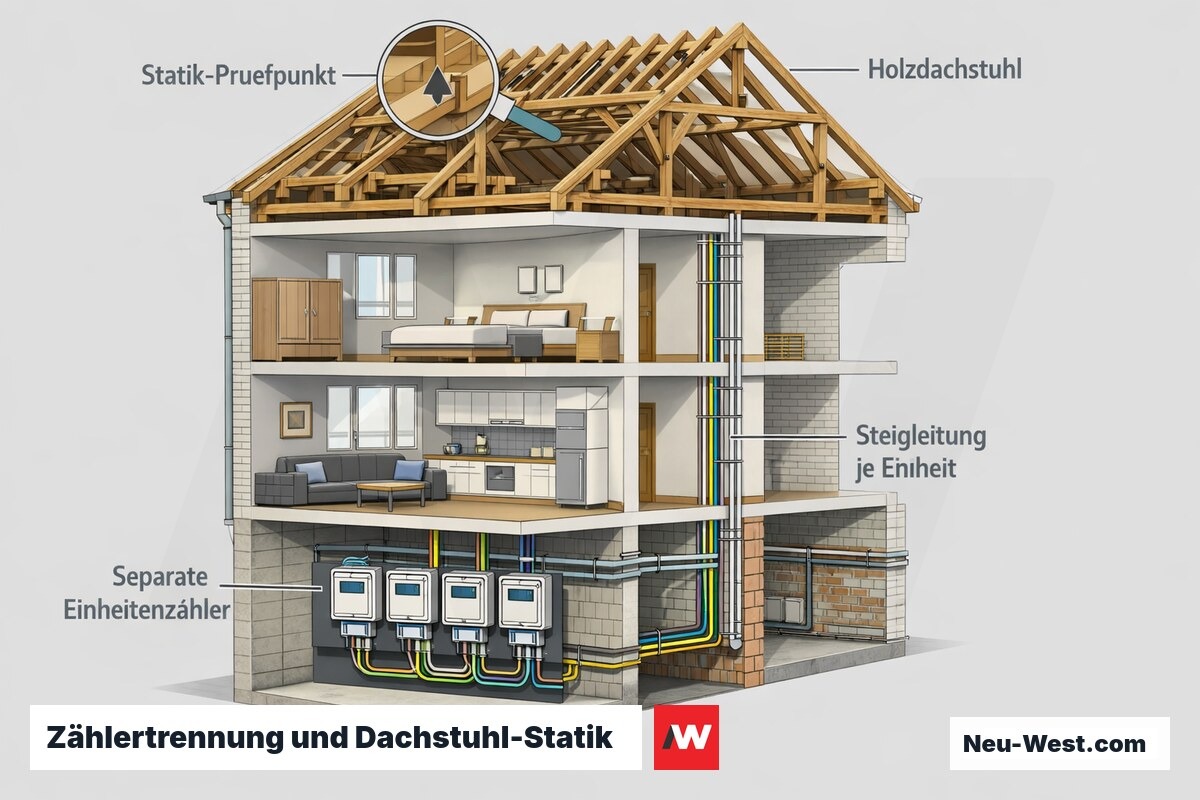Querschnitt eines Berliner WEG-Gründerzeithauses mit separaten Stromzählern je Einheit, Steigleitungen und Holzdachstuhl mit statischem Prüfpunkt.