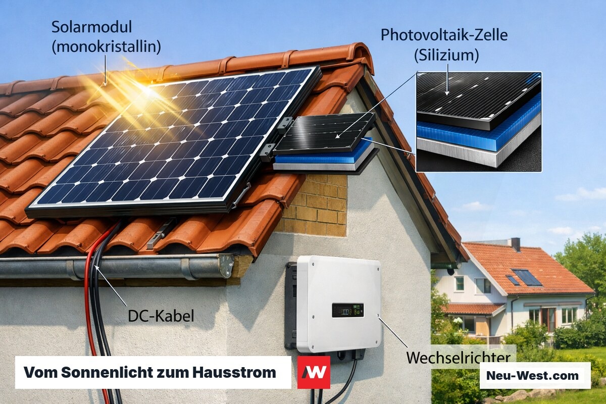 Querschnitt eines Einfamilienhauses mit PV-Modulen auf dem Dach, Siliziumzellen im Detail und Wechselrichter an der Außenwand