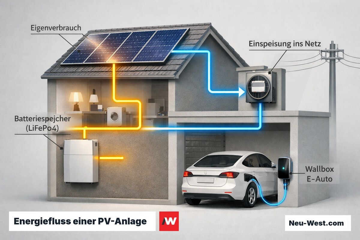 Schematische Darstellung des Energieflusses von PV-Anlage über Speicher und Wallbox bis zum Netzanschluss im Wohnhaus