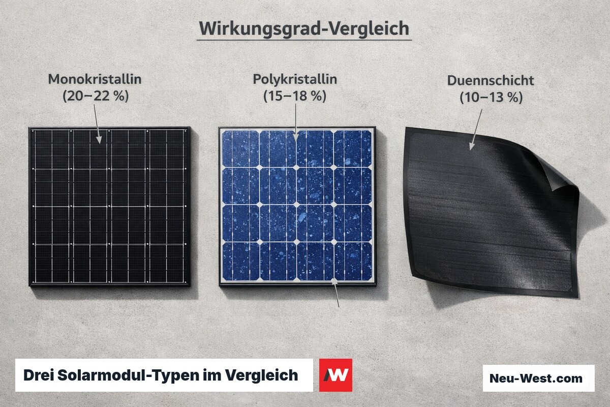 Nahaufnahme-Vergleich von monokristallinem, polykristallinem und Dünnschicht-Solarmodul nebeneinander mit sichtbaren Oberflächenunterschieden