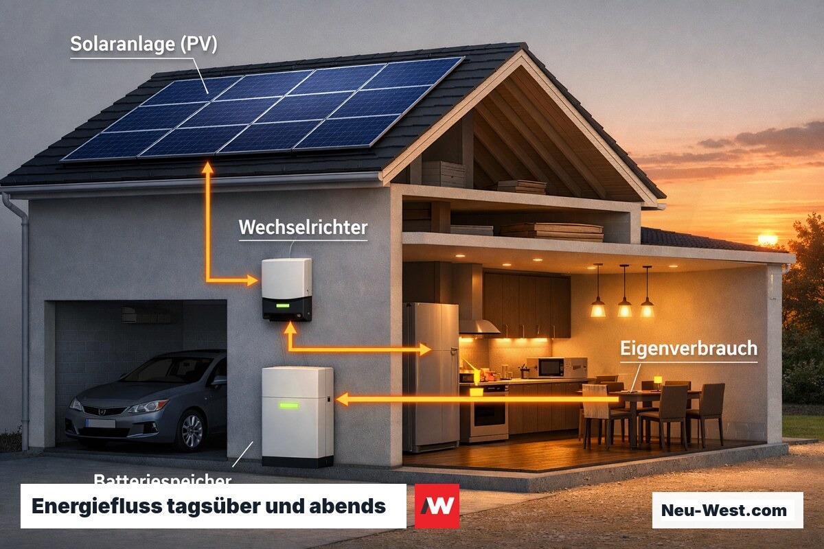 Schnittbild eines Hauses zeigt Solarstrom-Erzeugung tagsüber, Zwischenspeicherung im Batteriespeicher und Nutzung abends.