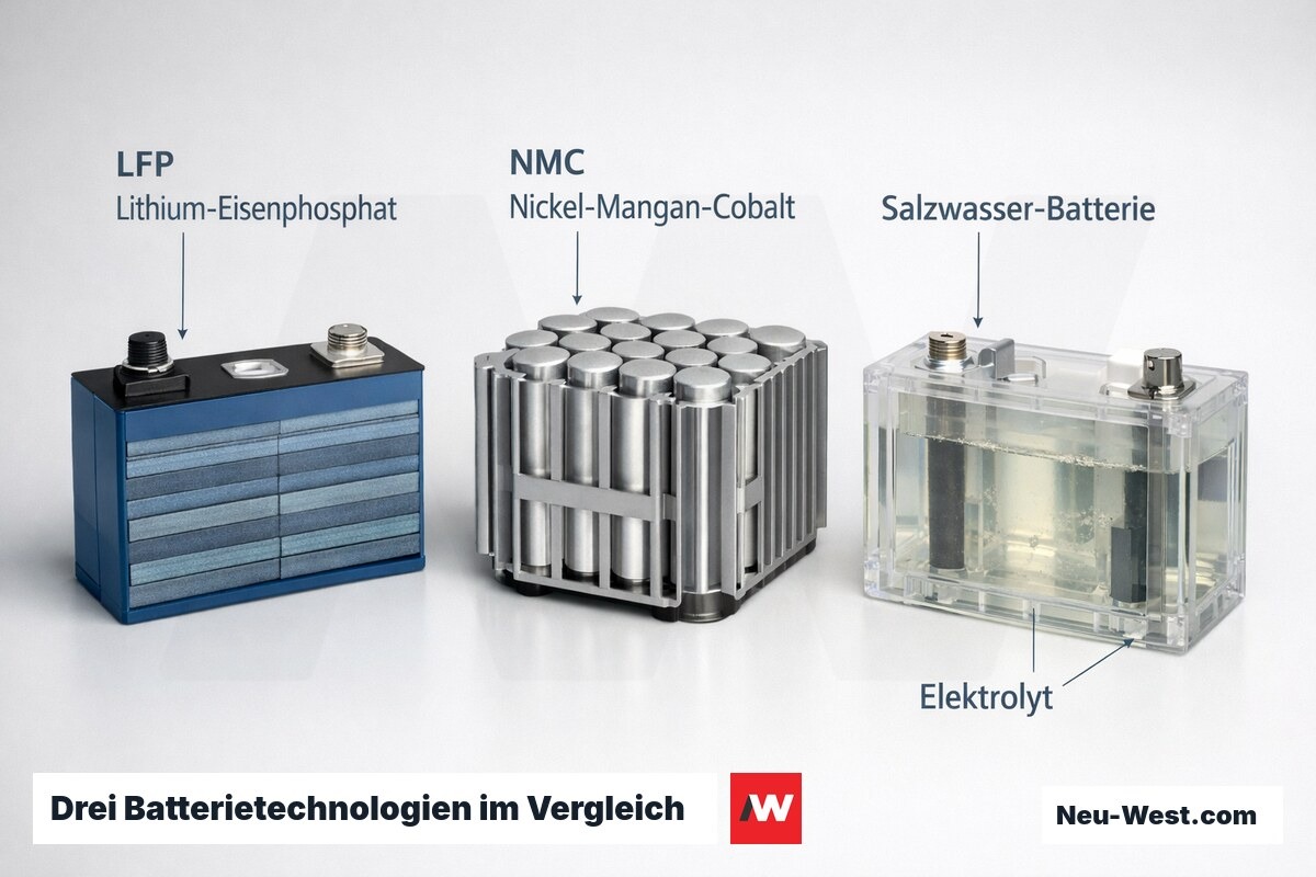 Drei Batteriemodule nebeneinander: LFP, NMC und Salzwasser-Batterie mit sichtbaren Unterschieden in Bauform und Material.