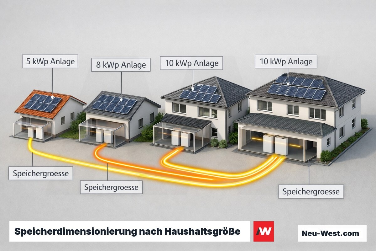 Vier Haushaltsvarianten mit passend dimensionierten PV-Anlagen und Batteriespeichern zeigen die Skalierung der Systemgröße.