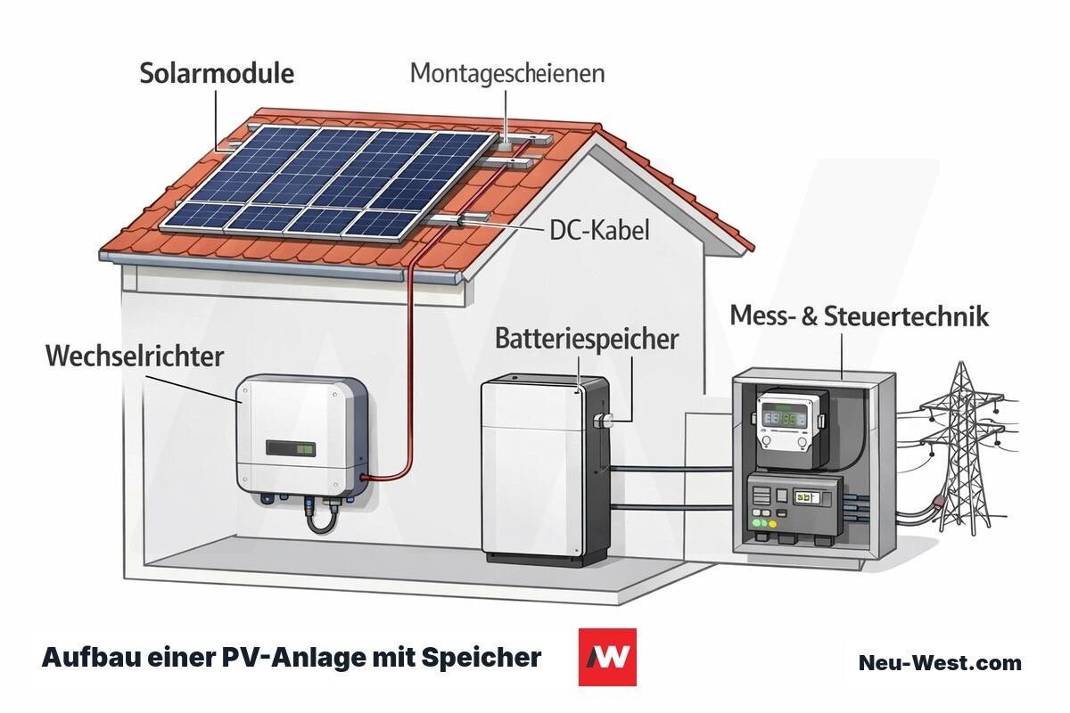 Querschnitt eines Gebaeudes mit Solarmodulen, Wechselrichter, Batteriespeicher und Mess- und Steuertechnik als beschriftetes Schema.