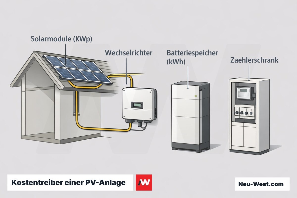 Cutaway einer Einfamilienhaus-PV-Anlage mit Solarmodulen, Wechselrichter, Batteriespeicher und Zaehlerschrank als zentrale Kostenkomponenten.
