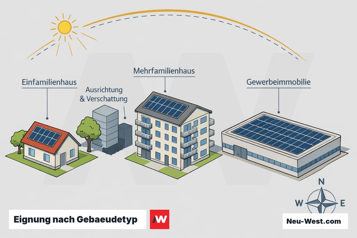 Uebersichts-Illustration mit Einfamilienhaus, Mehrfamilienhaus und Gewerbeimmobilie mit PV-Dachanlagen sowie Sonnenverlauf und Verschattung.