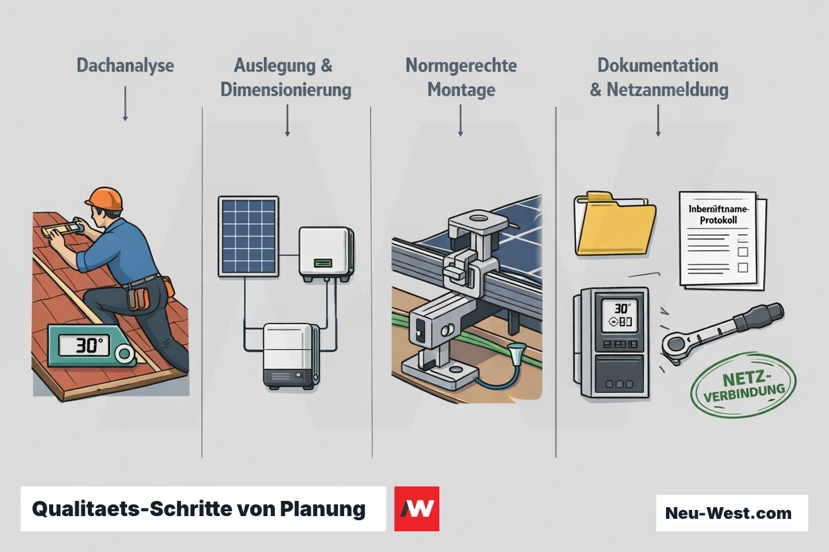 Prozessdarstellung der PV-Qualitaetssicherung: Dachanalyse, Komponenten-Auslegung, normgerechte Montage und Dokumentation zur Netzanmeldung.