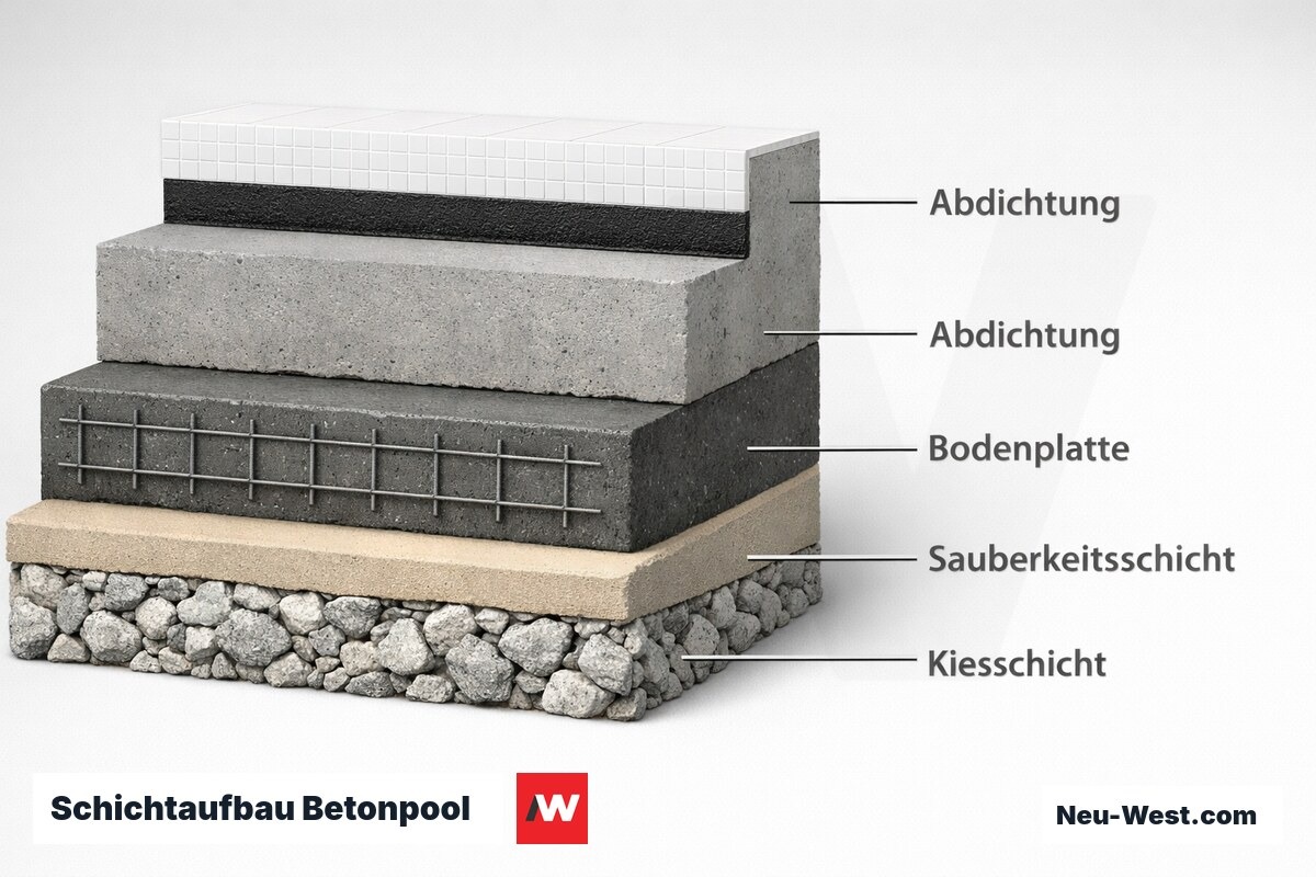 Schichtaufbau Betonpool: Konstruktionsebenen mit Kennwerten – Erklär-Grafik (NEUWEST Berlin)