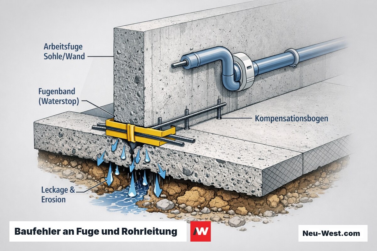 Poolquerschnitt zeigt undichte Arbeitsfuge mit Fugenband und PVC-Rohr mit Kompensationsbogen als typische Baufehler beim Poolbau.