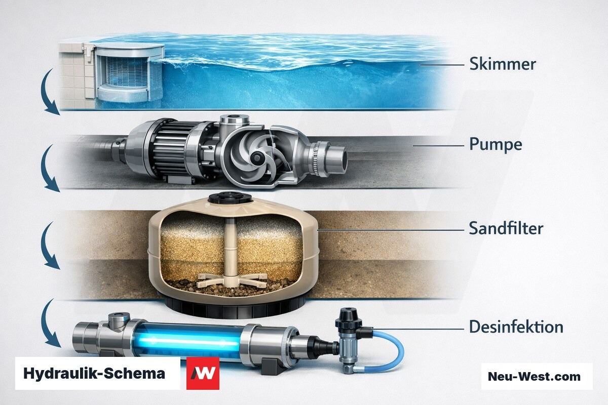 Hydraulik-Schema: Filterkreislauf Schwimmbecken – Erklär-Grafik (NEUWEST Berlin)