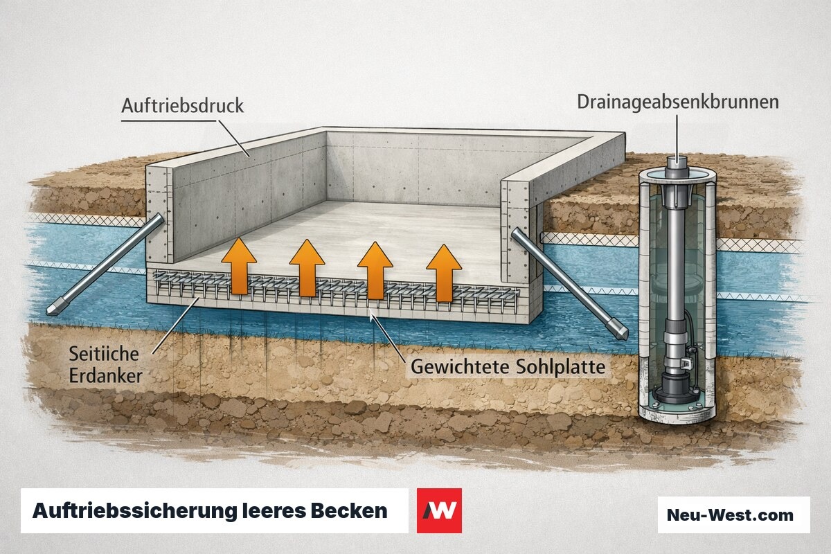 Querschnitt eines leeren Betonbeckens mit Auftriebsdruck von unten, gewichteter Sohlplatte, seitlichen Erdankern und Drainagebrunnen bei hohem Grundwasser.