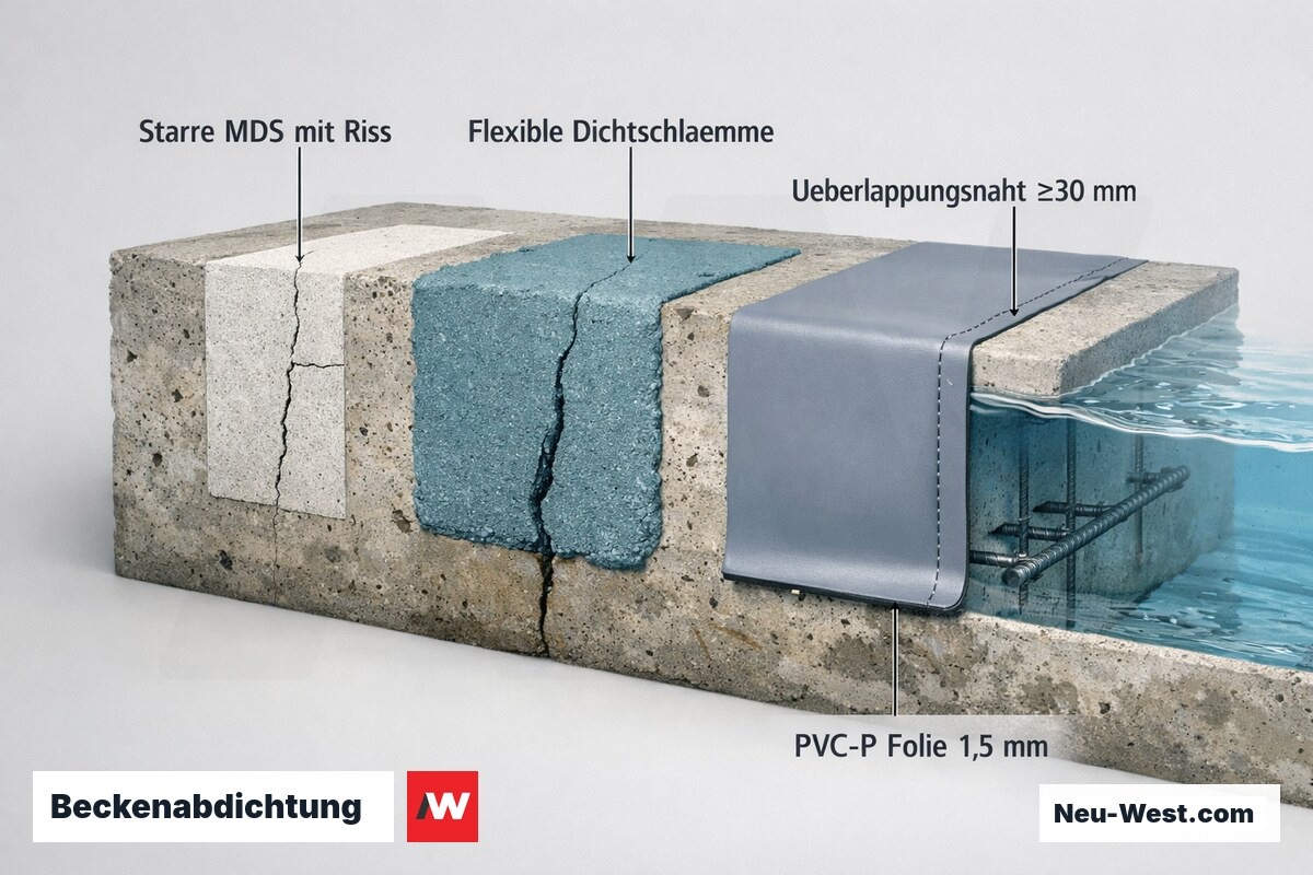 Schnitt durch Betonbecken-Wand mit drei Abdichtungssystemen: starre Dichtschlämme mit Riss, flexible Dichtschlämme und verschweißte PVC-Folie.