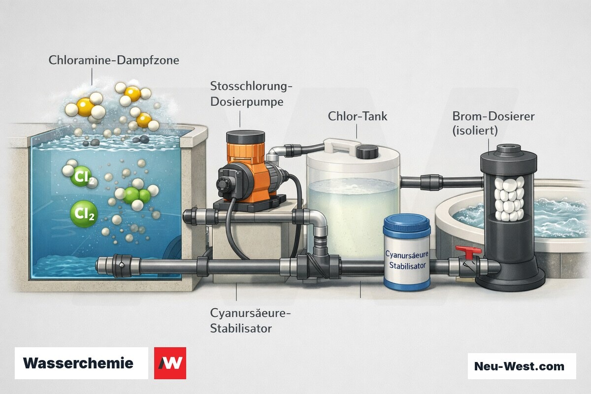 Querschnitt zur Poolwasserchemie: Chloramin-Dampfzone, Stoßchlorung per Dosierpumpe, getrennter Brom-Dosierer und Cyanursäure-Stabilisatortank.