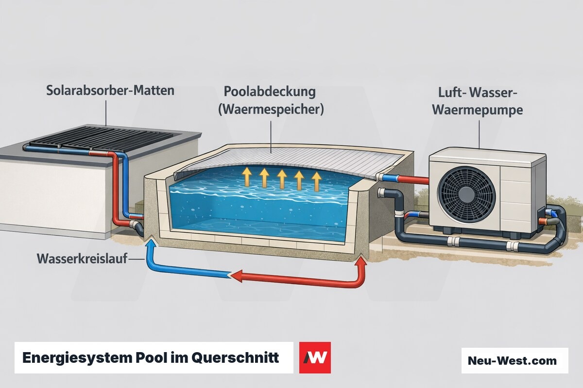 Querschnitt eines beheizten Gartenpools mit Solarabsorbern auf dem Dach, waermespeichernder Abdeckung und Luft-Wasser-Waermepumpe im Wasserkreislauf.