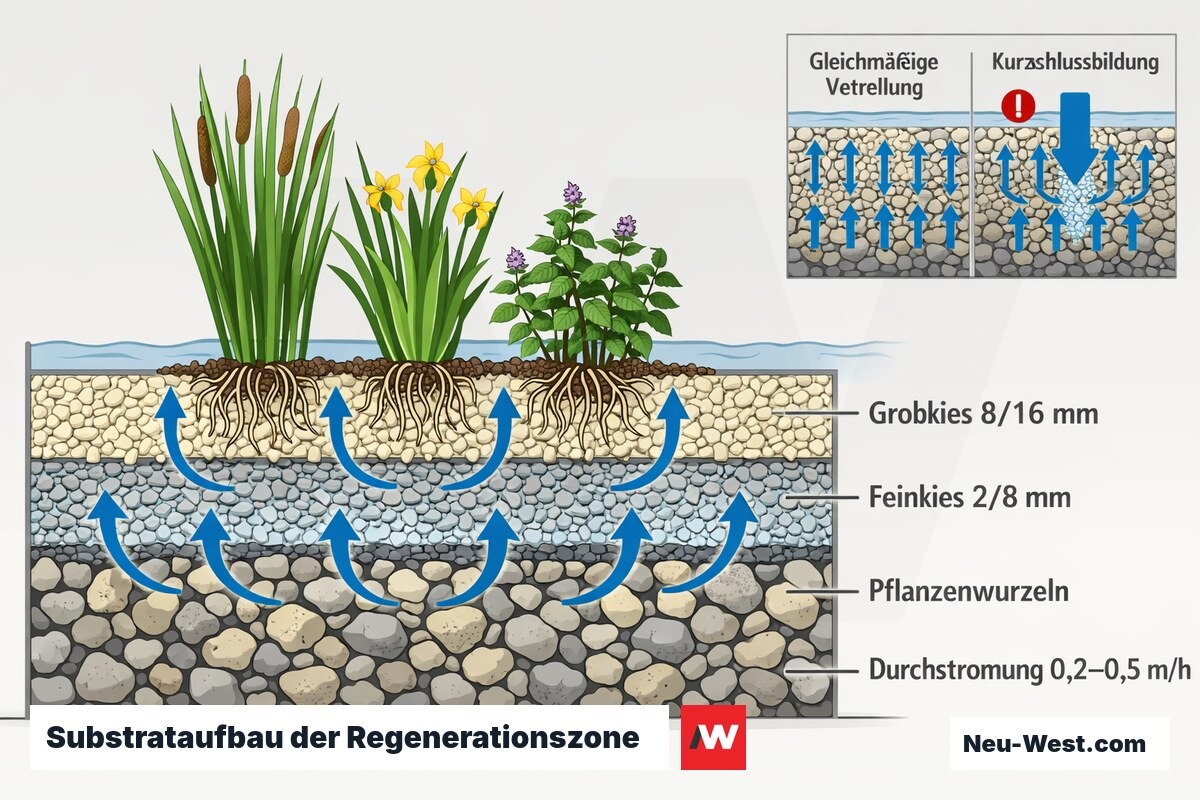 Querschnitt der Regenerationszone im Schwimmteich: Grobkies-Basis, Feinkies-Einbettlage, Pflanzenwurzeln und gleichmäßige langsame Durchströmung.