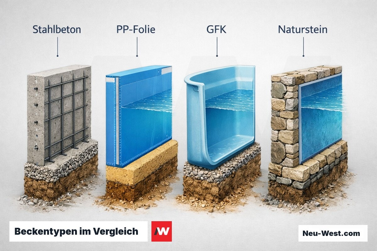 Beckentypen im Vergleich: Beton, PP-Folie, GFK, Naturstein – Erklär-Grafik (NEUWEST Berlin)