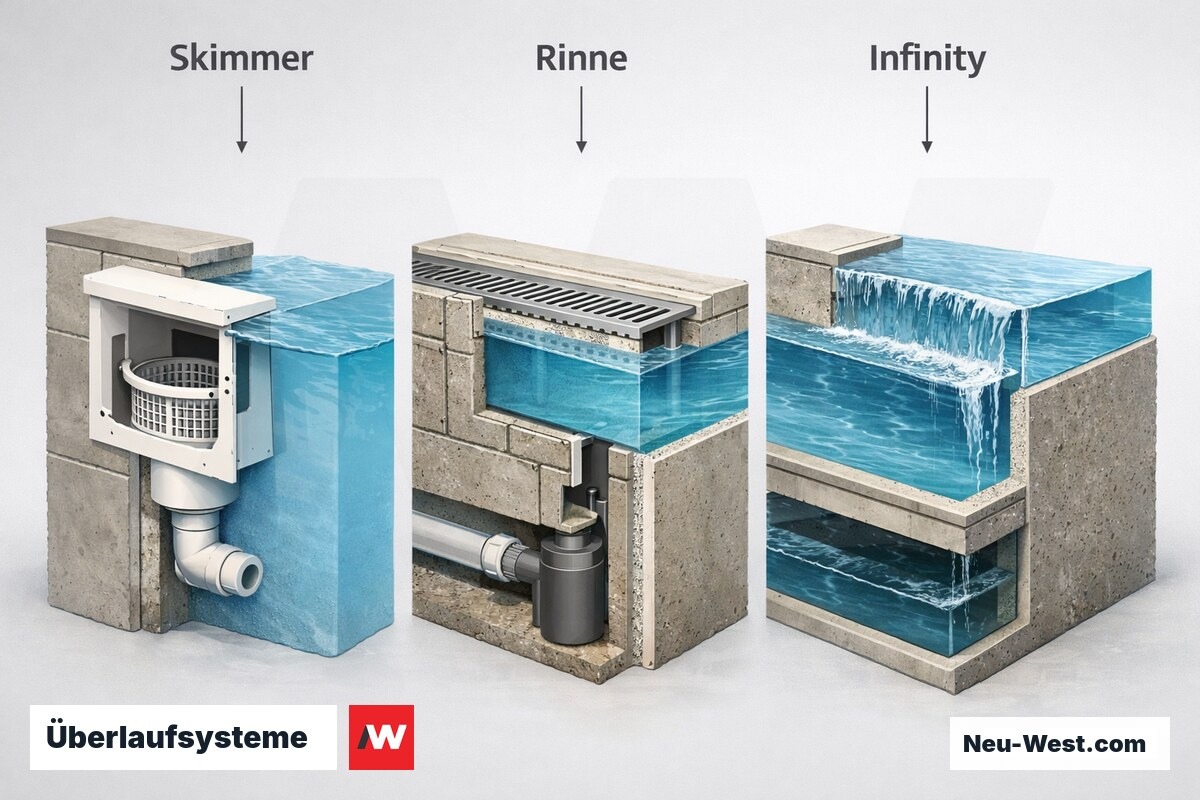 Überlaufsysteme: Skimmer, Überlaufrinne, Infinity-Kante – Erklär-Grafik (NEUWEST Berlin)