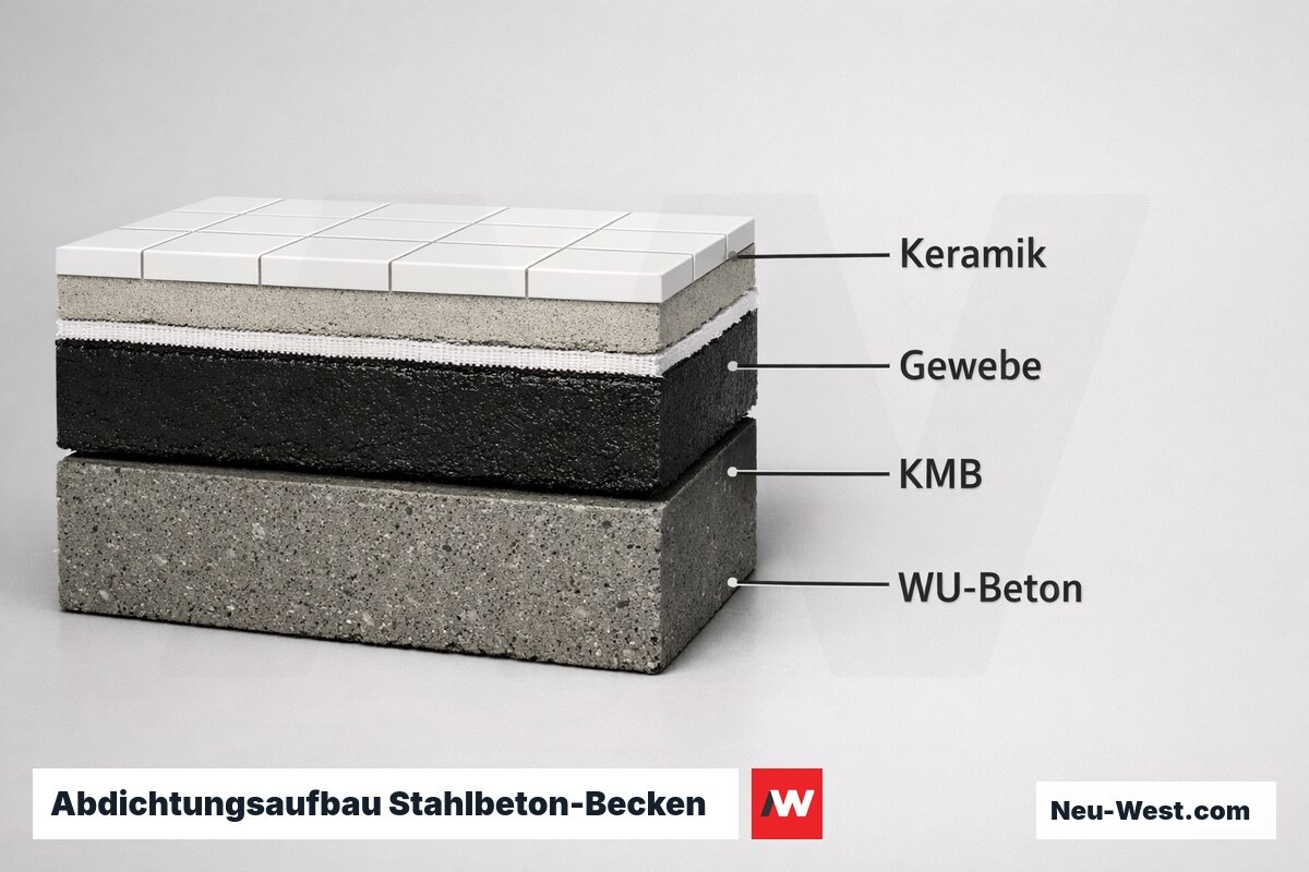 Abdichtungsaufbau Stahlbeton-Becken: Schichtfolge mit Maßen – Erklär-Grafik (NEUWEST Berlin)