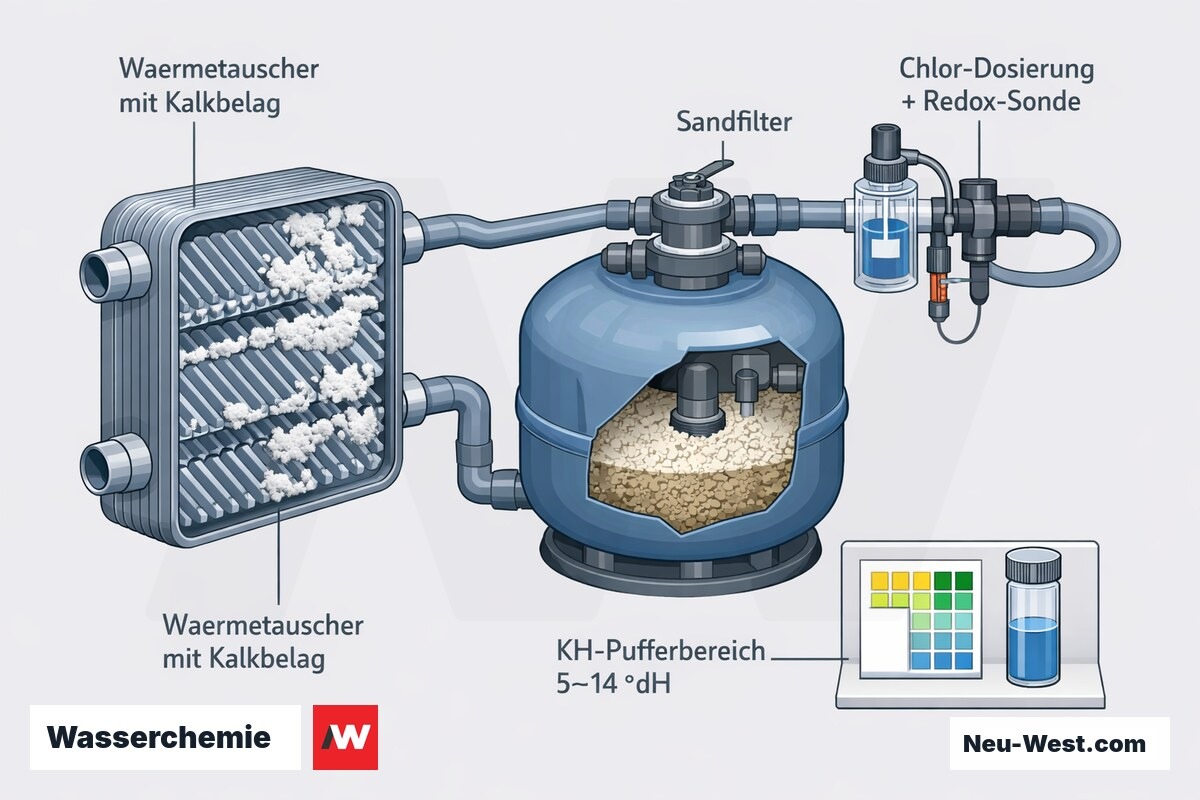 Querschnitt eines Pool-Wasserkreislaufs: Wärmetauscher mit Kalkbelag, Chlor-Dosierung mit Redox-Sonde, Sandfilter und KH-Pufferbereich.