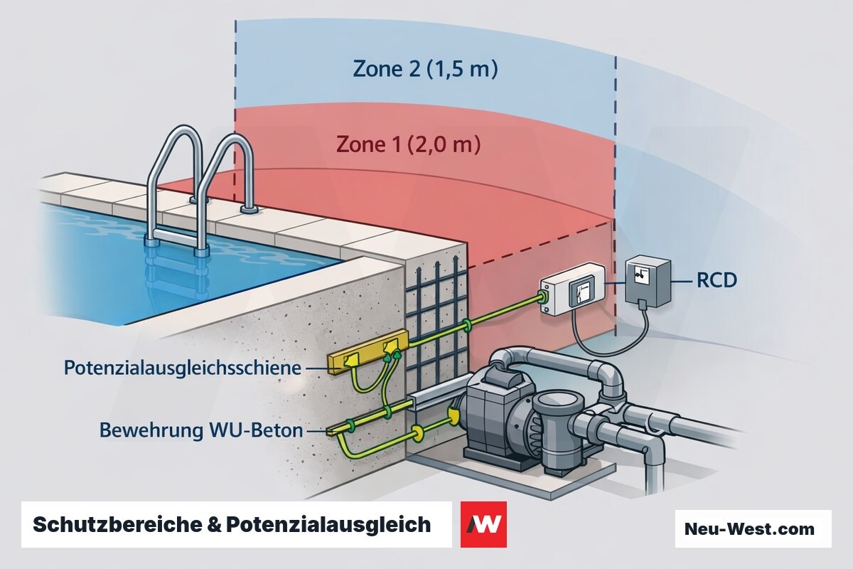Querschnitt eines Beckenrands mit Schutzzonen 1 und 2, Potenzialausgleichsschiene an der Bewehrung des WU-Betons sowie SELV- und RCD-Absicherung.