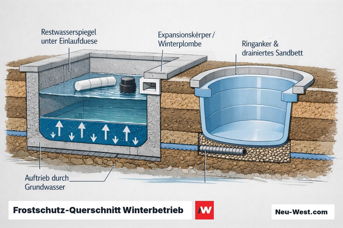 Querschnitt eines teilentleerten Betonbeckens im Winter mit Restwasserspiegel, Grundwasser-Auftrieb, Winterplombe und drainiertem GfK-Ringanker.
