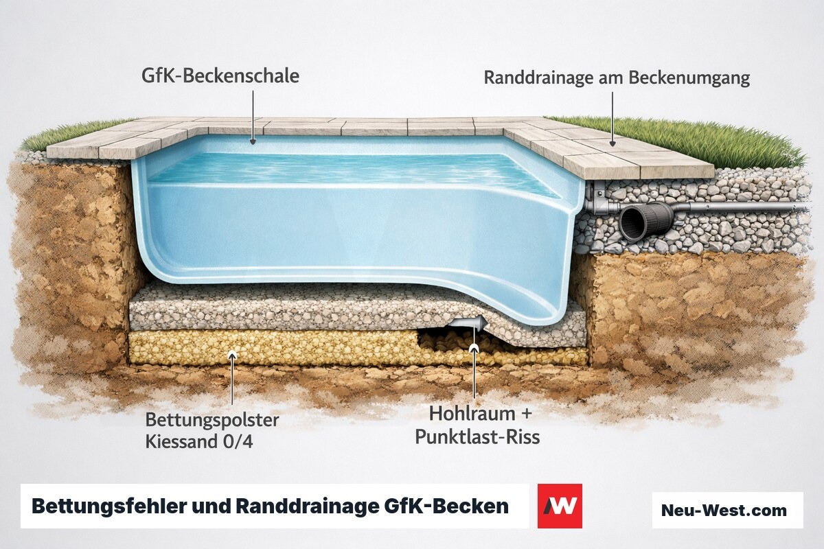 Querschnitt GfK-Becken: korrektes Kiessand-Bettungspolster, Hohlraum mit Punktlast-Riss und fehlende Randdrainage am Beckenumgang als Schadensursachen.