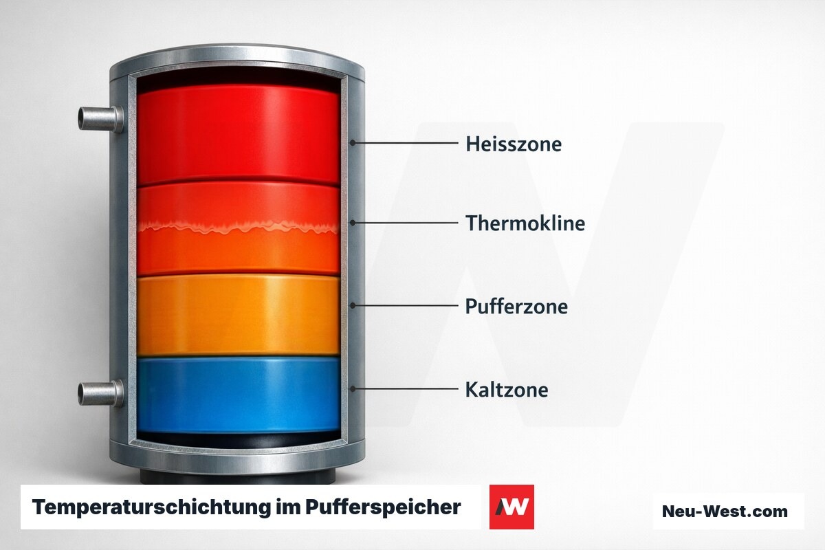 Temperaturschichtung im Pufferspeicher – Erklär-Grafik (NEUWEST Berlin)