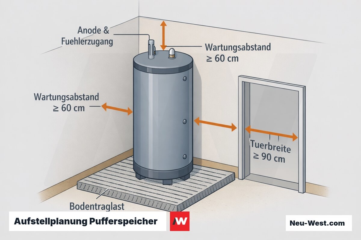 Querschnitt-Grafik eines aufrecht stehenden Stahl-Pufferspeichers mit Bodentraglast, Türbreite, beidseitigem Wartungsabstand und Anoden-/Fühlerzugang oben.