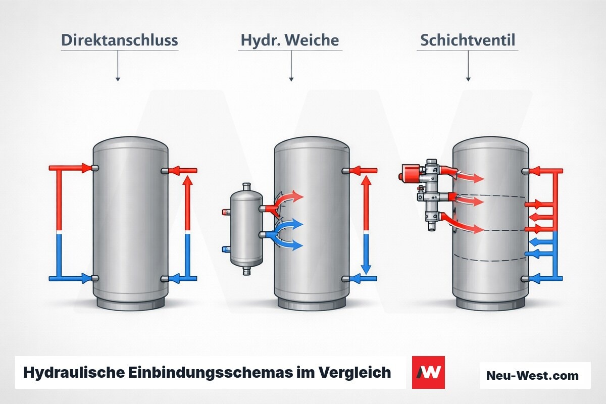 Hydraulische Einbindungsschemas im Vergleich – Erklär-Grafik (NEUWEST Berlin)