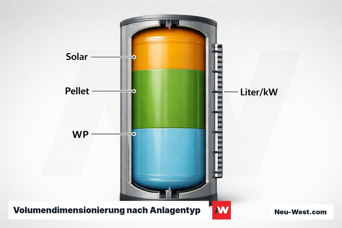Volumendimensionierung nach Anlagentyp – Erklär-Grafik (NEUWEST Berlin)