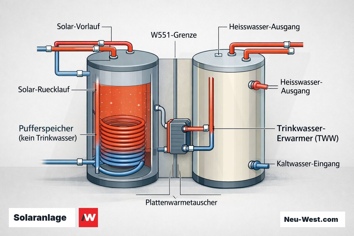 Schnitt-Schema Solaranlage: separater Pufferspeicher ohne Trinkwasser und nachgeschalteter TWW-Speicher, W551 gilt nur für den Trinkwasserteil.