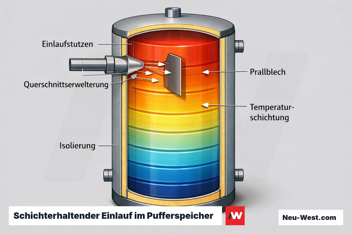 Querschnitt eines Pufferspeichers mit Einlaufstutzen im oberen Drittel, Querschnittserweiterung und Prallblech zur schichterhaltenden Einströmung.