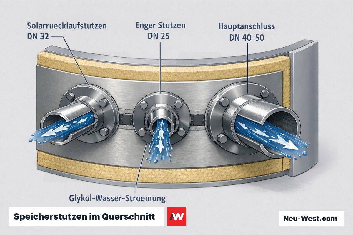Querschnitt eines Pufferspeichers mit Anschlussstutzen in DN 25, DN 32 und DN 40–50 und Glykol-Wasser-Strömung.