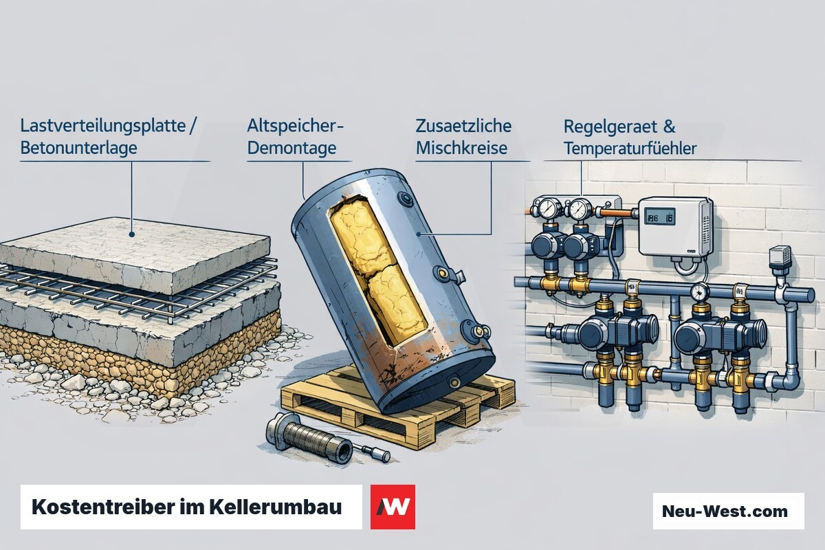 Querschnitt-Grafik: Lastverteilungsplatte im Berliner Keller, Demontage des Altspeichers und erweiterte Heizungsregelung als drei Kostentreiber.