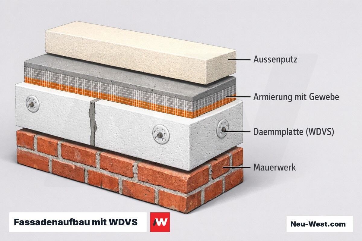 Querschnitt einer Außenwand mit Wärmedämm-Verbundsystem: Mauerwerk, Dämmplatte, Armierungsgewebe und Außenputz sowie sanierter Fassadenriss.
