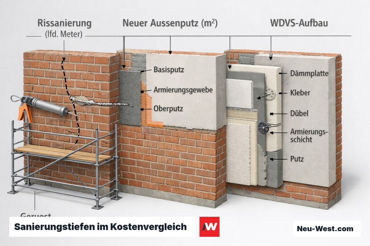 Querschnitt einer Fassade mit drei Sanierungstiefen: Rissverfüllung, neuer Außenputz und WDVS-Aufbau mit Gerüst als Kostenfaktoren.
