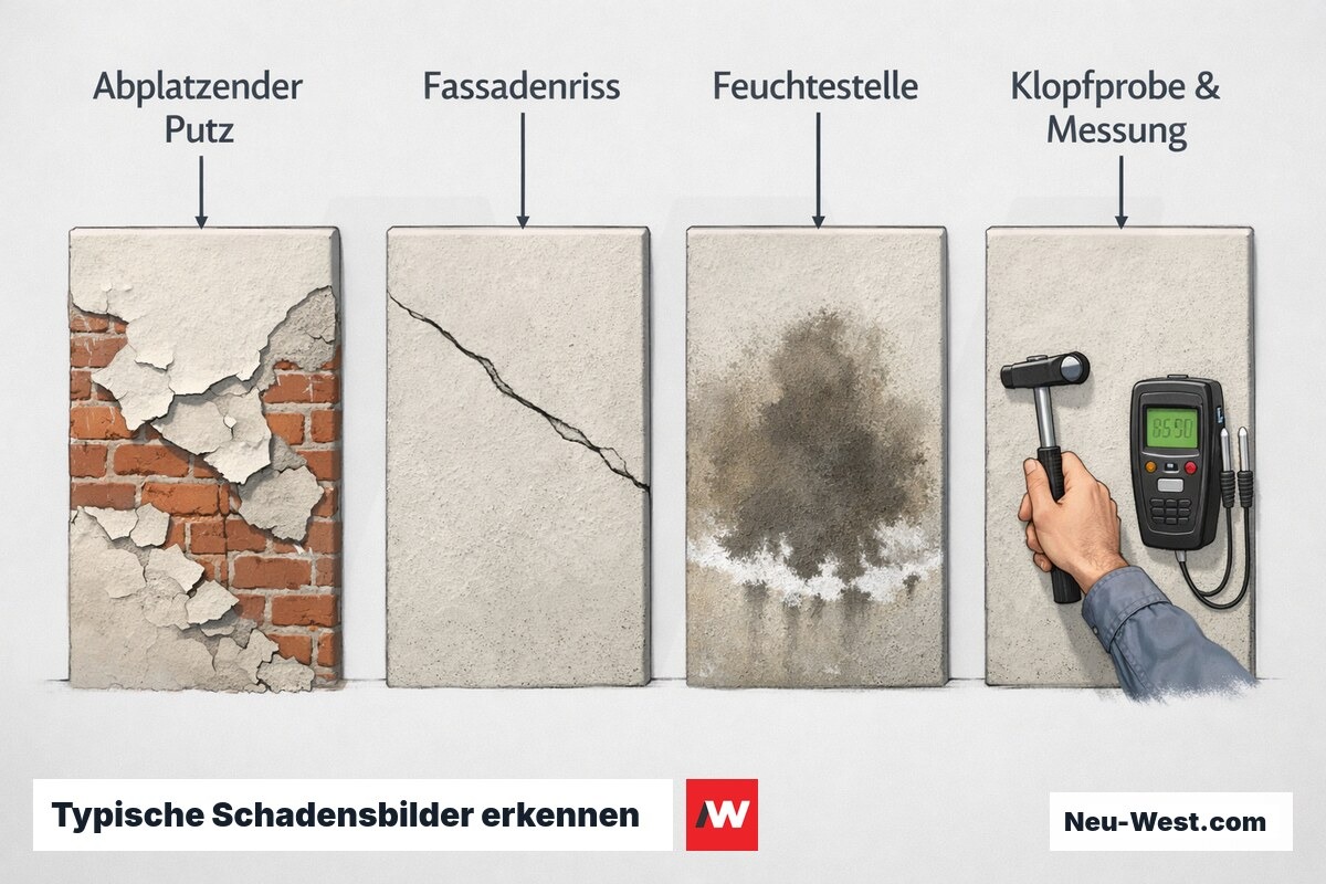 Illustration mit vier typischen Fassadenschäden: abplatzender Putz, Riss, feuchte Stelle im Mauerwerk und Klopf- sowie Feuchtemessung zur Diagnose.