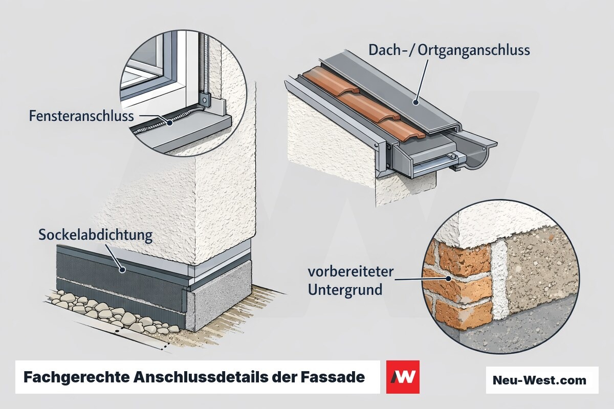 Detailzeichnung der Fassadenanschlüsse: abgedichteter Fensteranschluss, Sockelabdichtung, Dachanschluss und vorbereiteter Untergrund als Qualitätsmerkmale.