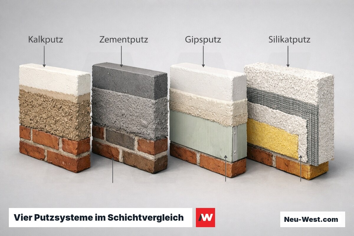 Querschnitt-Vergleich der vier Putzsysteme Kalk, Zement, Gips und Silikat mit sichtbaren Schichtaufbauten auf Mauerwerk