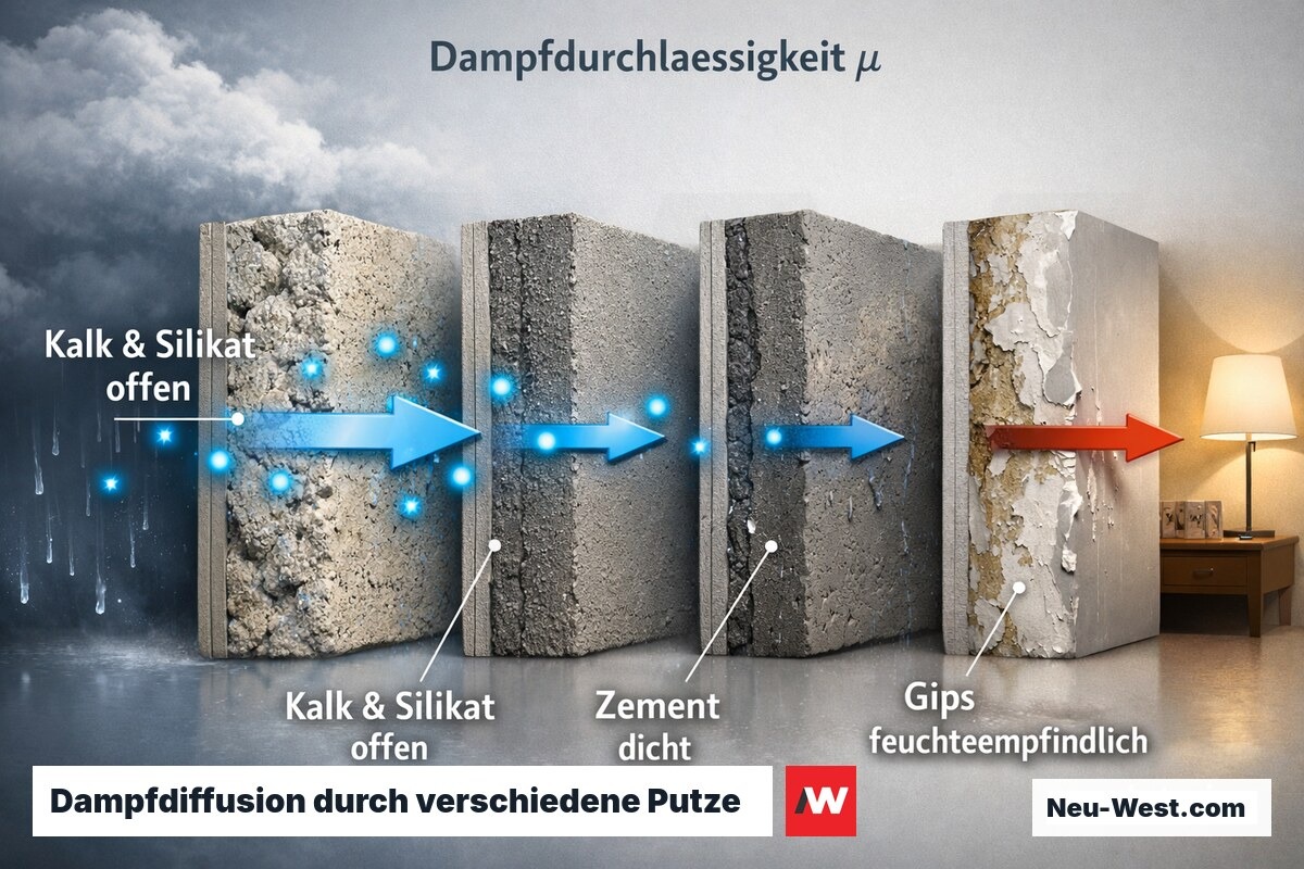 Visualisierung der Wasserdampfdurchlässigkeit bei Kalk-, Zement-, Gips- und Silikatputz mit Diffusionspfeilen
