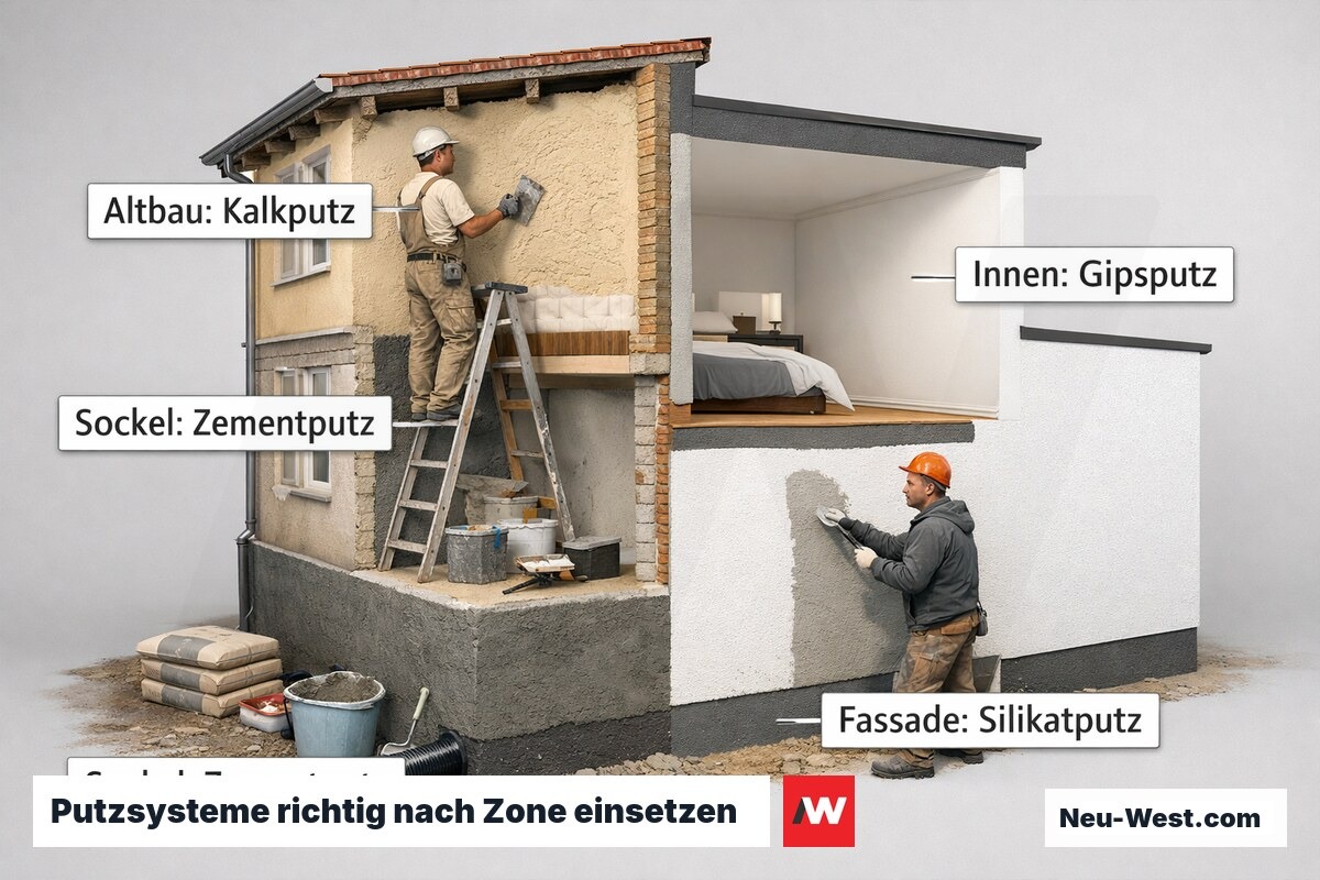 Gebäudeschnitt zeigt zonengerechten Einsatz von Zement-, Silikat-, Kalk- und Gipsputz an Sockel, Fassade und Innenraum