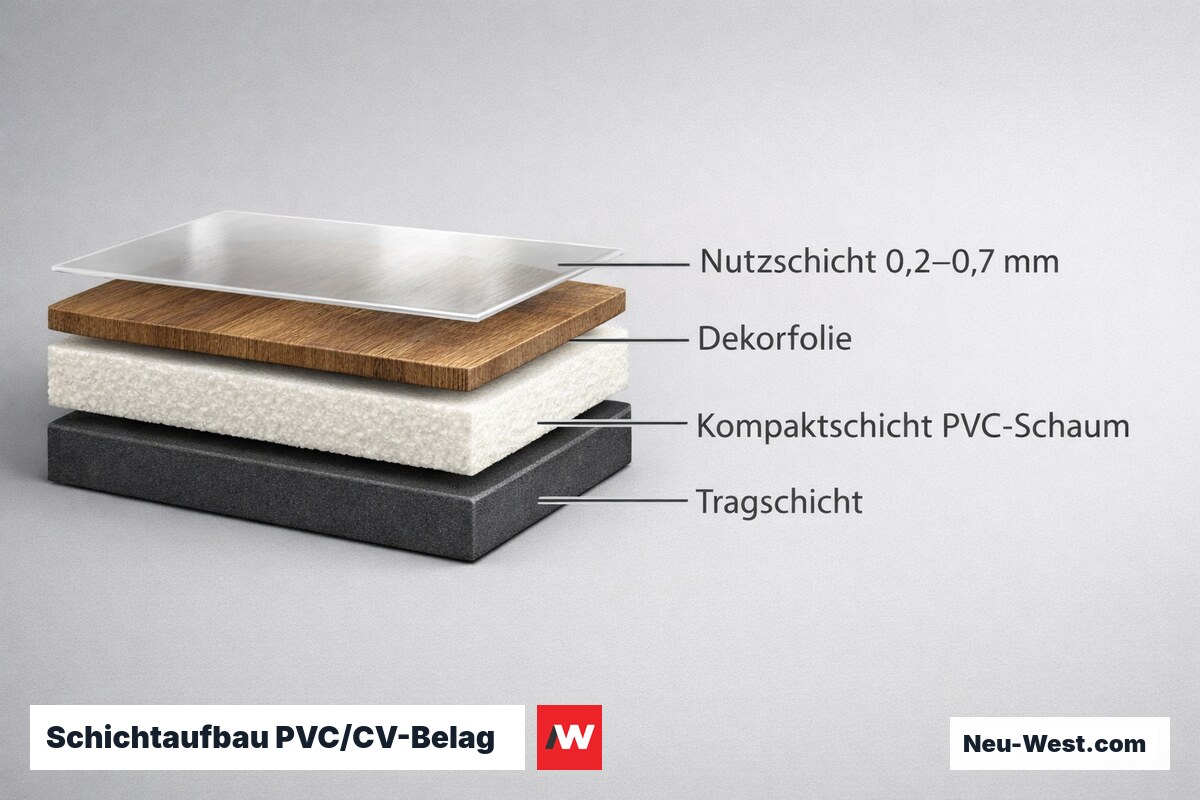 Schichtaufbau PVC/CV-Belag — Nutzschicht bis Träger – Erklär-Grafik (NEUWEST Berlin)