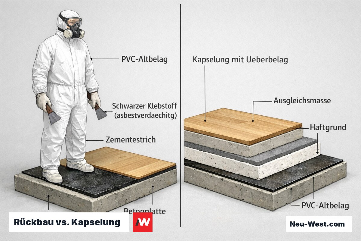 Querschnitt eines Altbodens mit PVC-Belag, schwarzem Kleber und Estrich, gegenübergestellt mit dem Kapselungs-Konzept durch Überbelag.