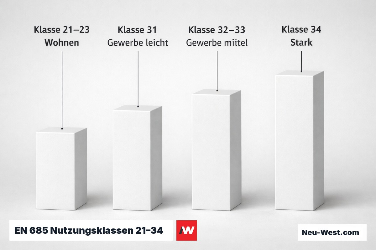 EN 685 Nutzungsklassen 21–34: Raumtyp und Belastungsintensität – Erklär-Grafik (NEUWEST Berlin)