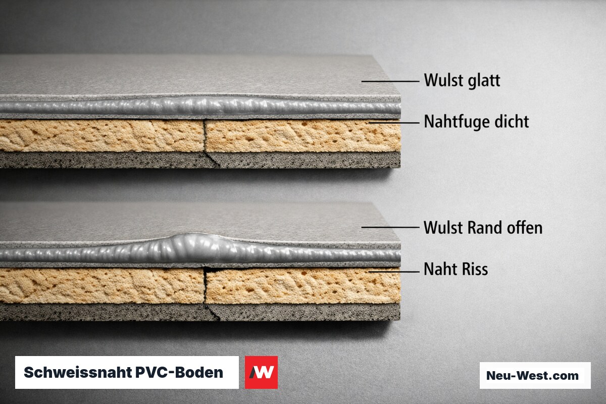 Schweissnaht PVC-Boden: Korrekte vs. fehlerhafte Ausführung im Querschnitt – Erklär-Grafik (NEUWEST Berlin)