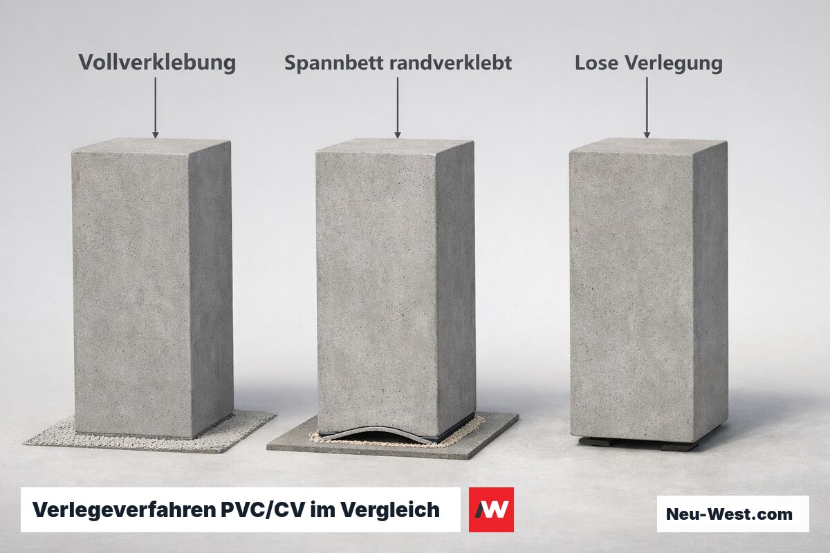 Verlegeverfahren PVC/CV im Vergleich – Erklär-Grafik (NEUWEST Berlin)