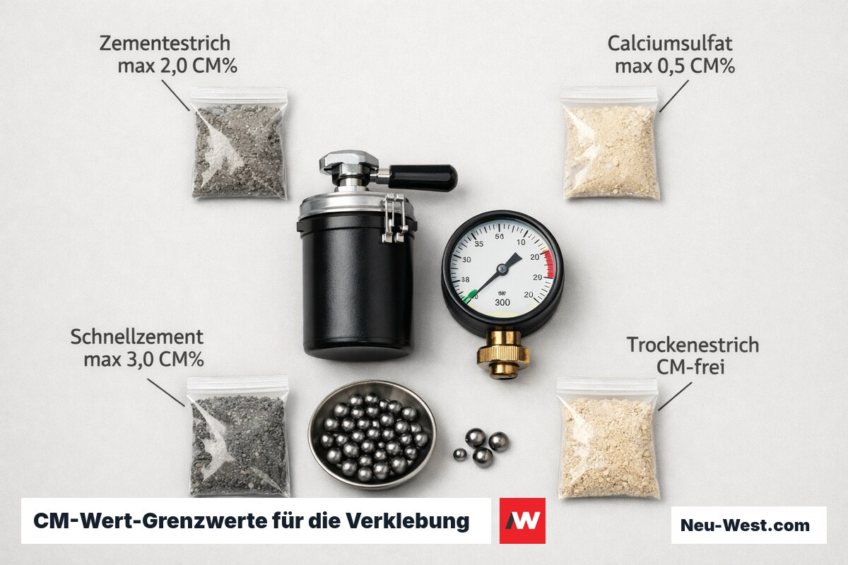 CM-Wert-Grenzwerte für die Verklebung nach Estrichtyp – Erklär-Grafik (NEUWEST Berlin)