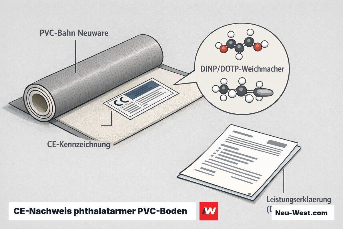 Detail-Illustration einer PVC-Bodenbahn mit Rückseiten-Etikett, CE-Kennzeichnung, Weichmacher-Molekülen und Leistungserklärung als REACH-Konformitätsnachweis.