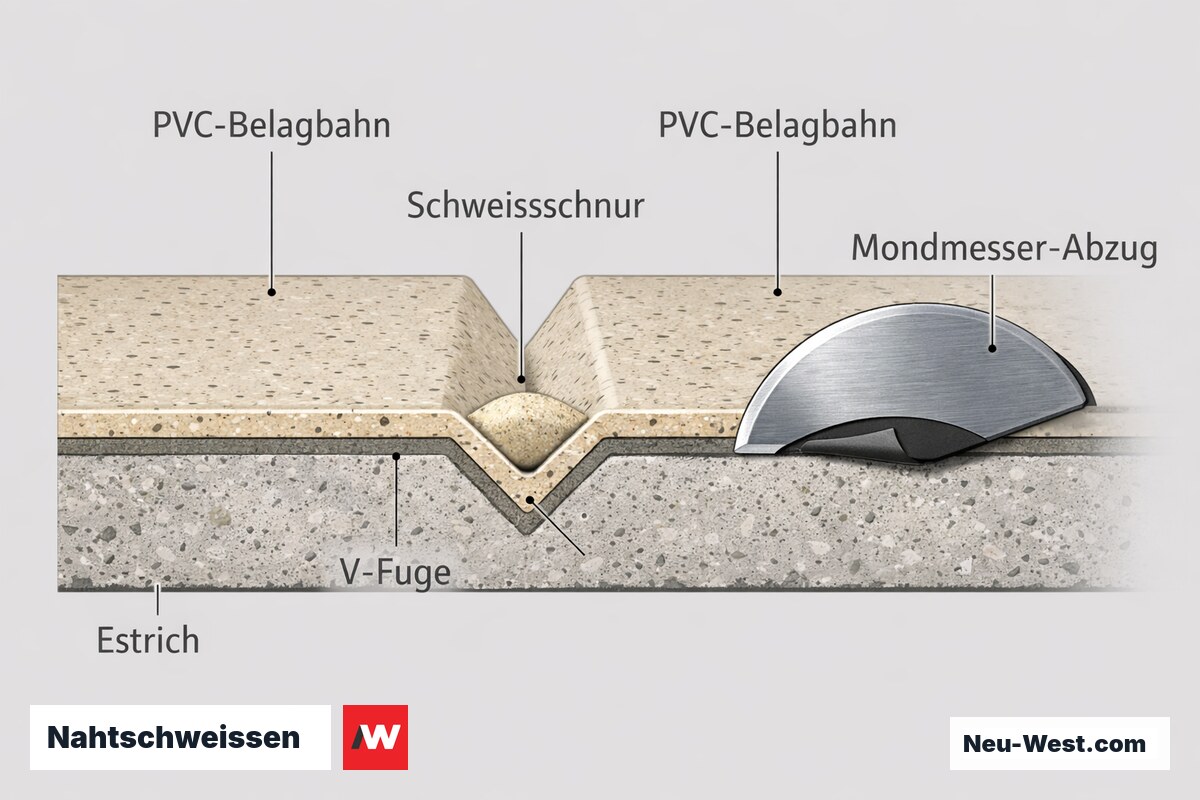 Querschnitt einer PVC-Belag-Schweissnaht mit farblich abgestimmter Schweissschnur, V-Fuge und bündigem Abzug mit dem Mondmesser.